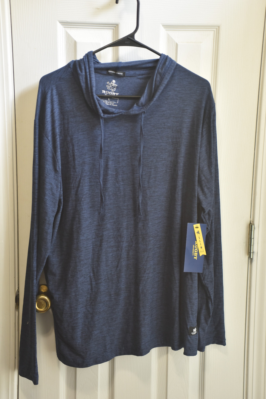 NWT Rugby University Hooded Long Sleeve Shirt Blue Slim Fit Size L LSC508